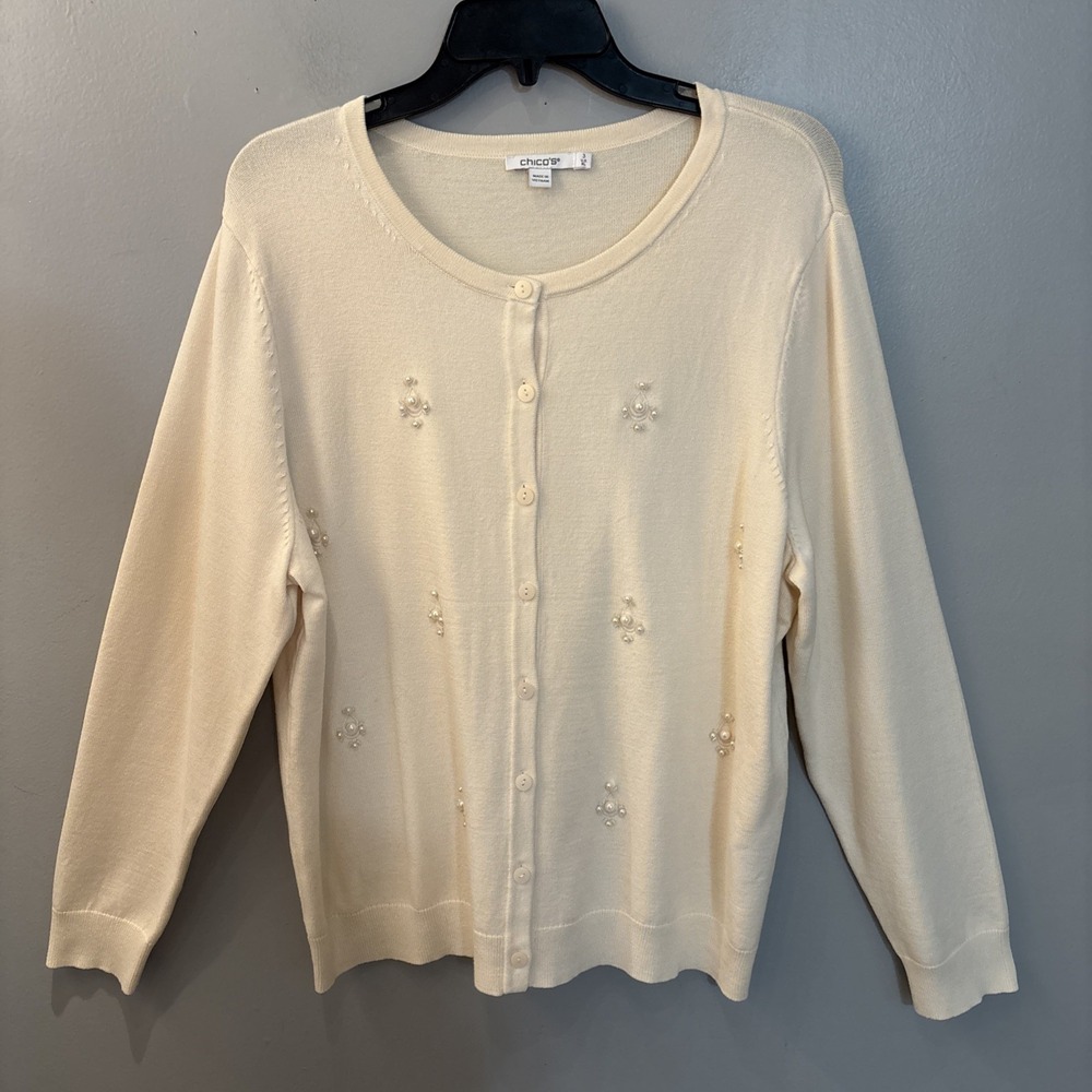 Chico's‎ Ivory Knit Cardigan Pearl Cluster Embellishment Women's XL Careerwear
